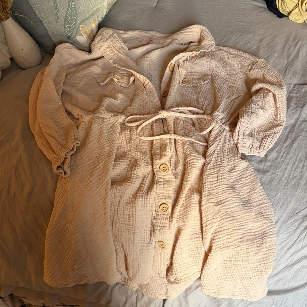 Pink Lily Cream Button-Front Gauze Shirt Dress with Tie